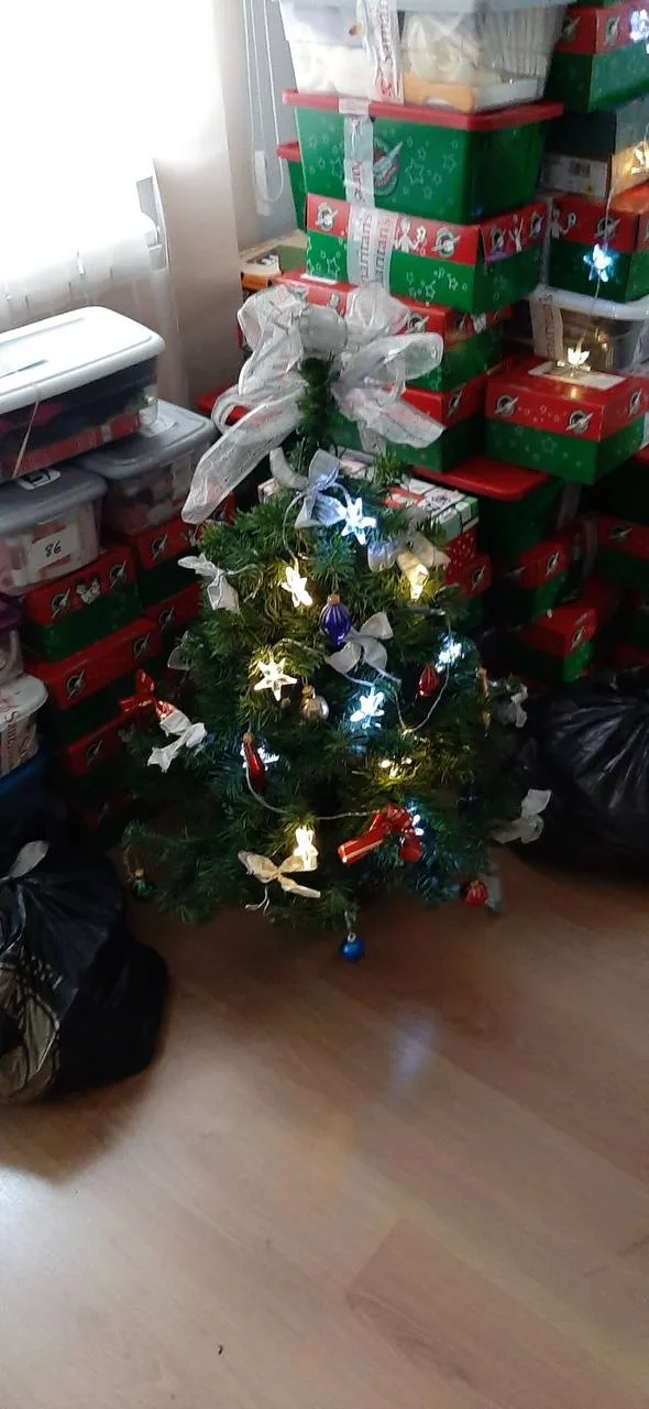 Small Christmas tree beside stacked gifts
