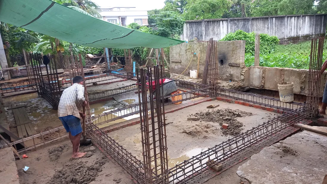 Concrete beam reinforcement around a building foundation