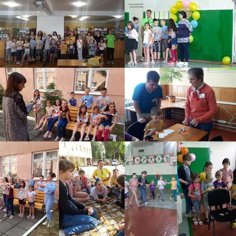 Collage of group activities and children receiving gifts
