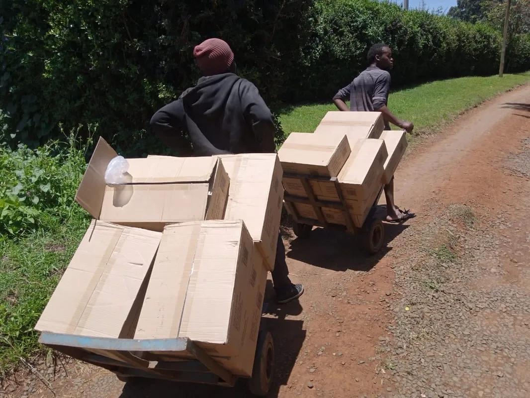 Two motorcycles carrying boxes along a road