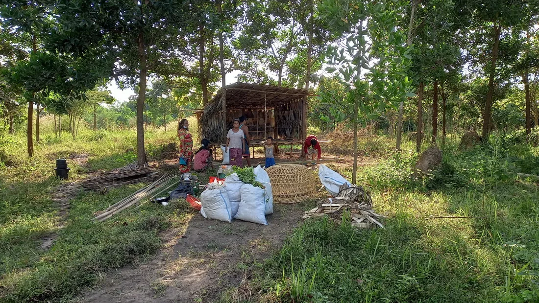 People beside a small wooden house in a wooded clearing