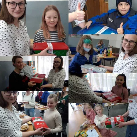 Collage of children receiving gifts