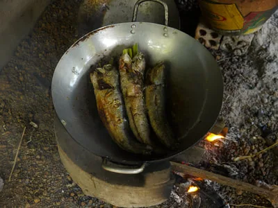 Fish cooking in a pan over a fire