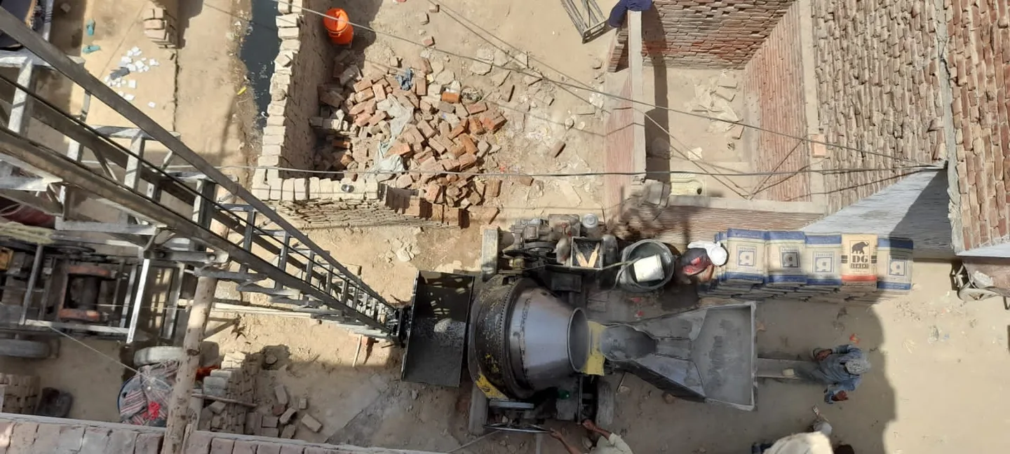 Overhead view of equipment and materials at a building site
