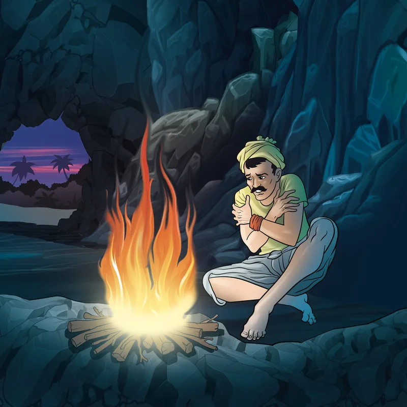 Illustration of a man sitting beside a fire in a cave