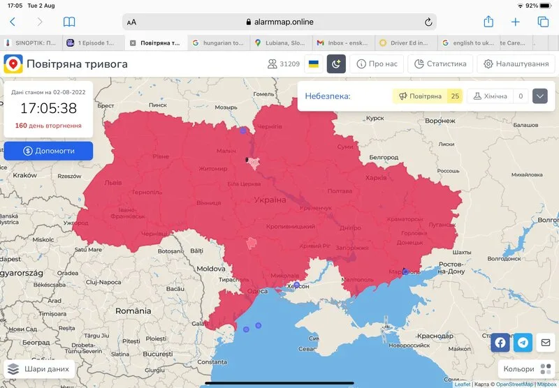 Map displaying air raid warnings across Ukraine