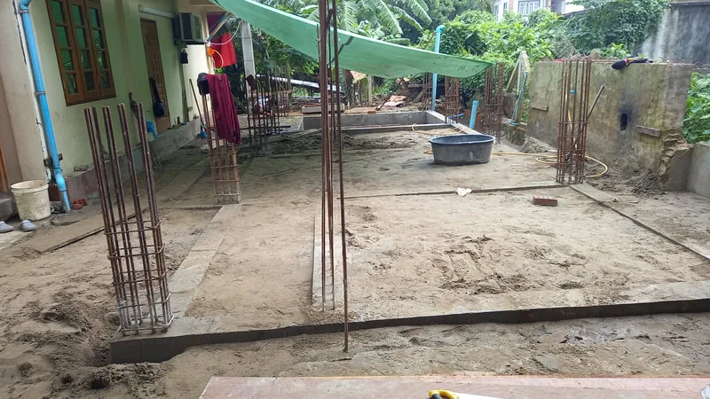 Prepared building foundation with steel reinforcement