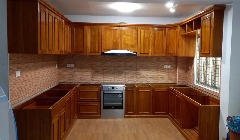Completed kitchen with wooden cabinets
